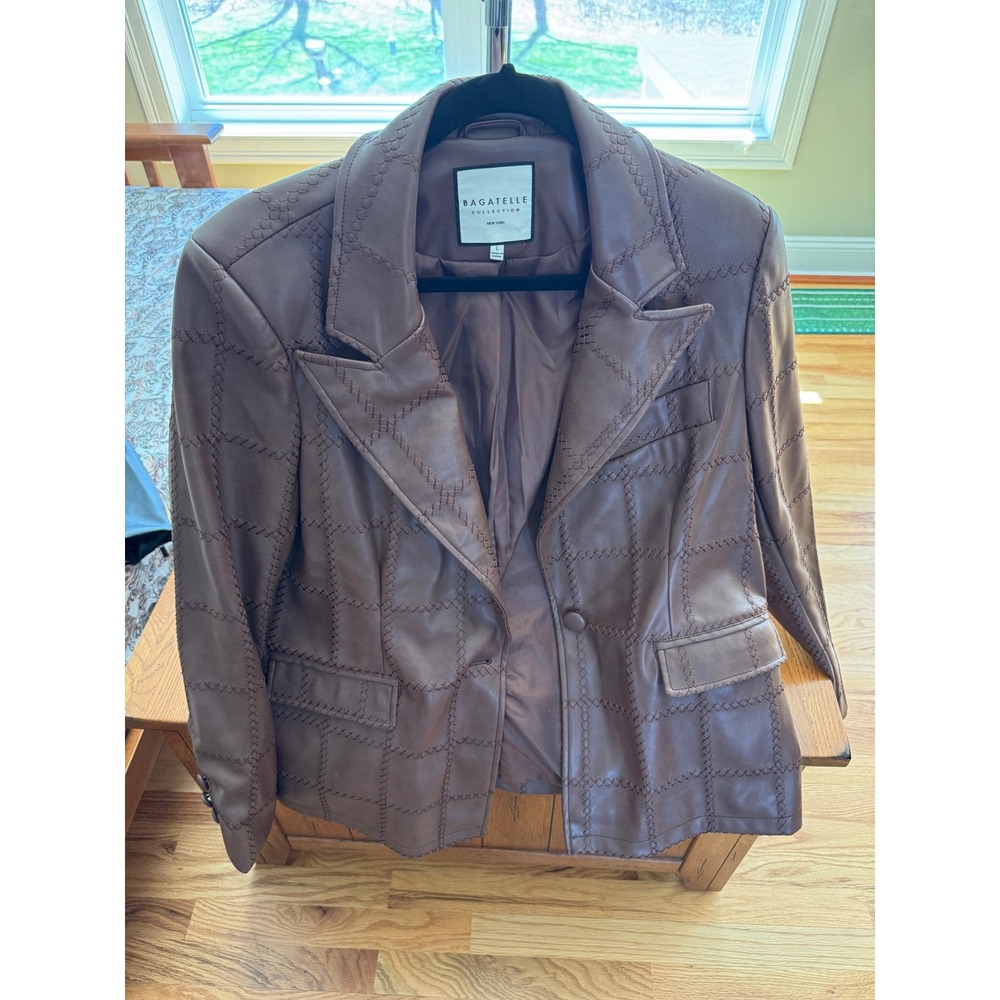 Bagatelle NWOT Chocolate Women's Vegan Leather Blazer Large quilted embroidered